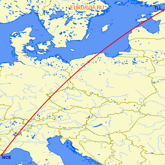 перелет Таллин — Ницца на карте