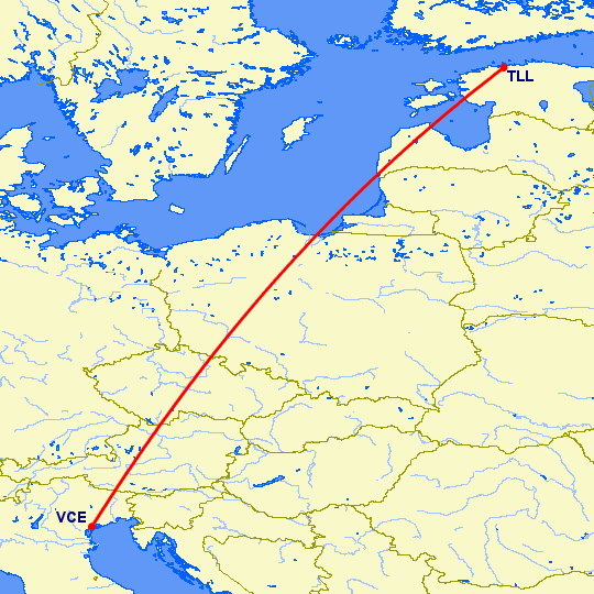 перелет Таллин — Венеция на карте