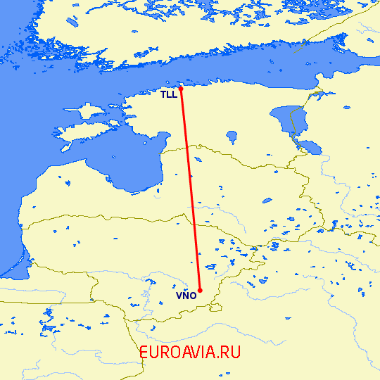 перелет Таллин — Вильнюс на карте