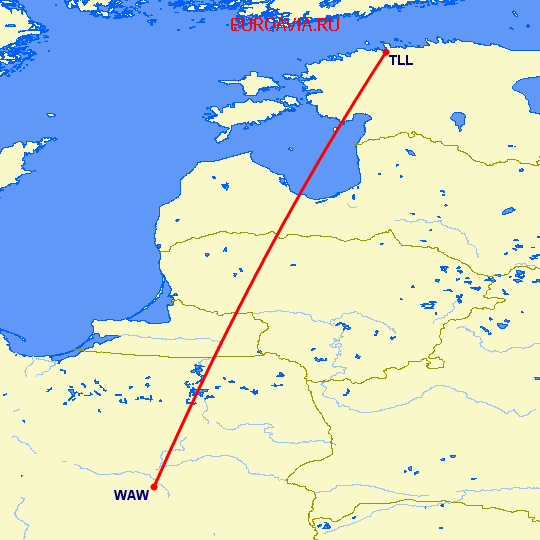 перелет Таллин — Варшава на карте
