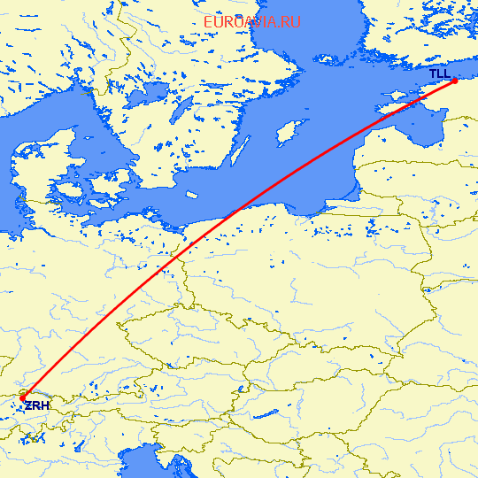 перелет Таллин — Цюрих на карте