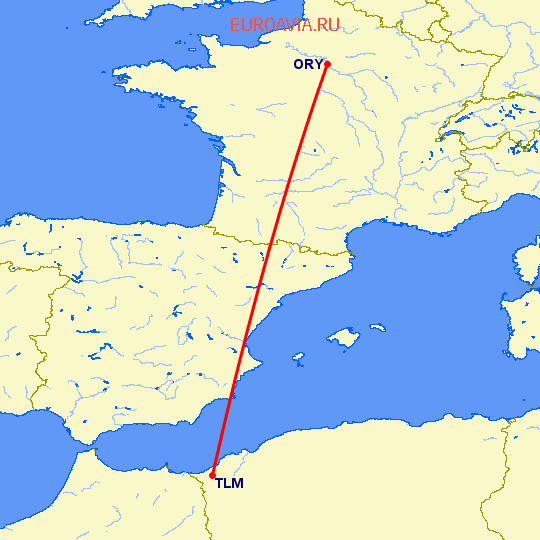 перелет Tlemcen — Париж на карте