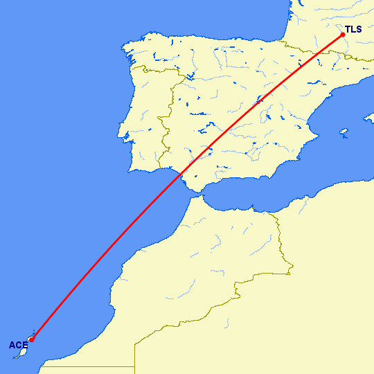 перелет Тулуза — Арресифе на карте