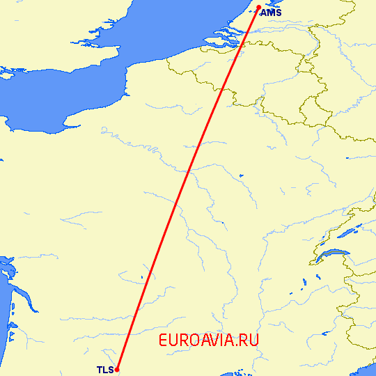 перелет Тулуза — Амстердам на карте