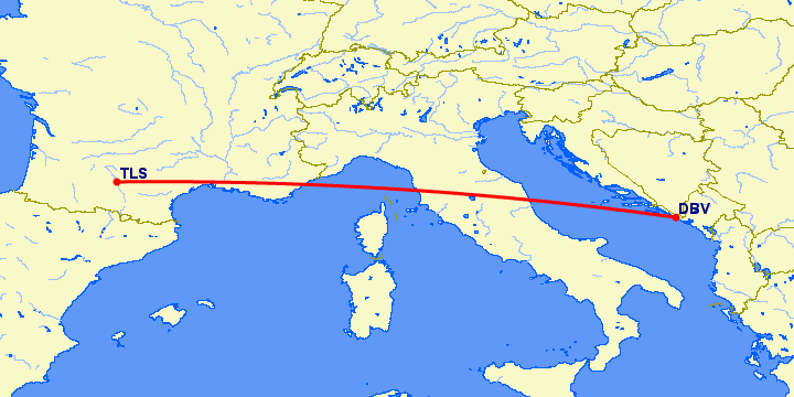 перелет Тулуза — Дубровник на карте