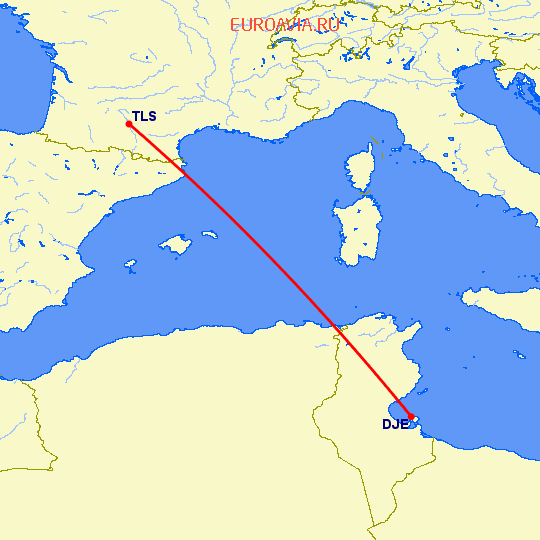 перелет Тулуза — Джерба на карте