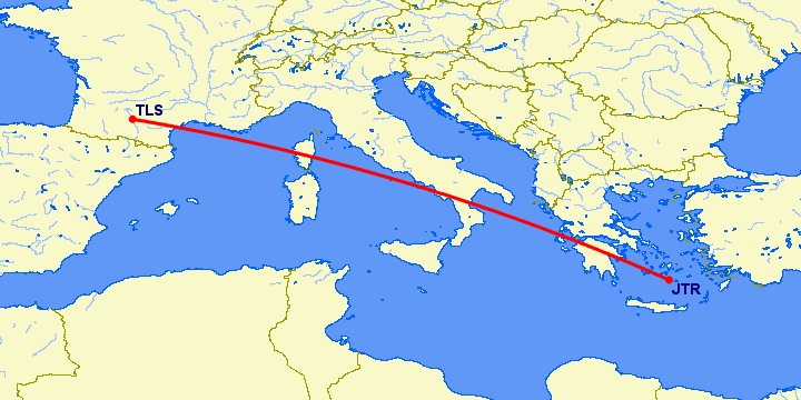 перелет Тулуза — Санторини на карте