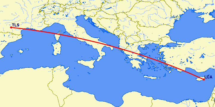 перелет Тулуза — Ларнака на карте