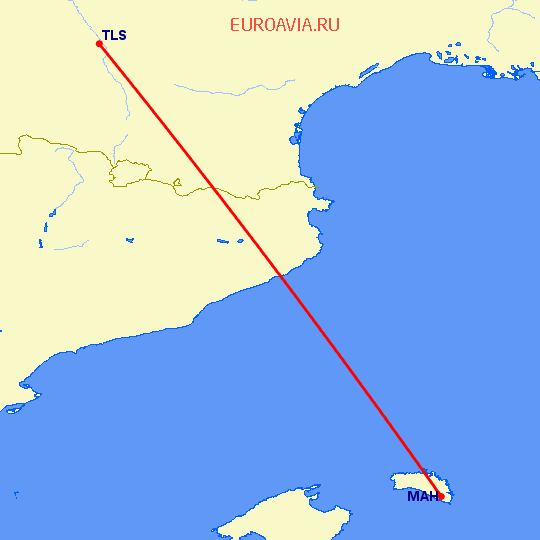 перелет Тулуза — Менорка на карте