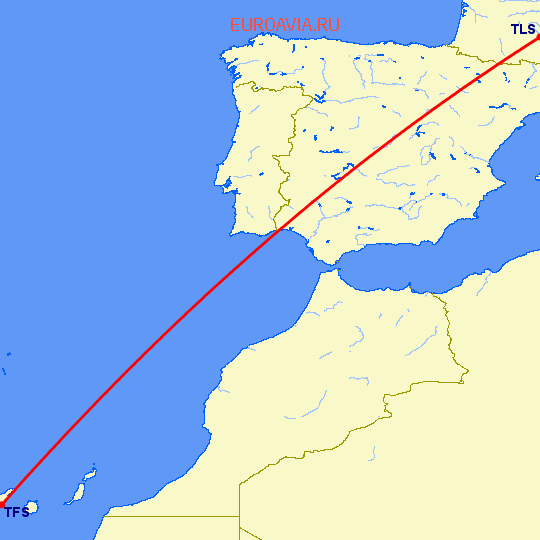 перелет Тулуза — Тенерифе на карте