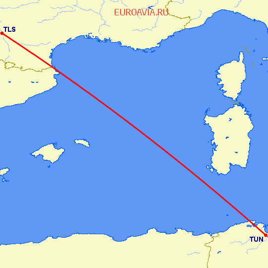 перелет Тулуза — Тунис на карте