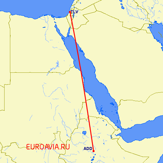 перелет Тель Авив — Аддис Абеба на карте