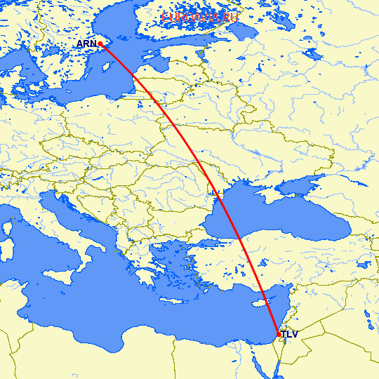перелет Тель Авив — Стокгольм на карте