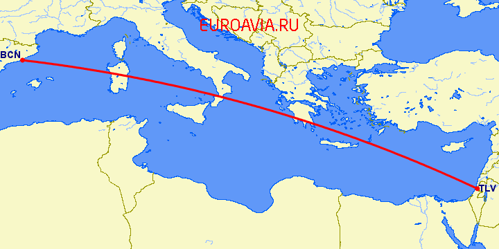 перелет Тель Авив — Барселона на карте