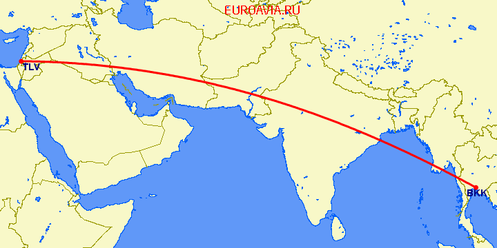 перелет Тель Авив — Бангкок на карте