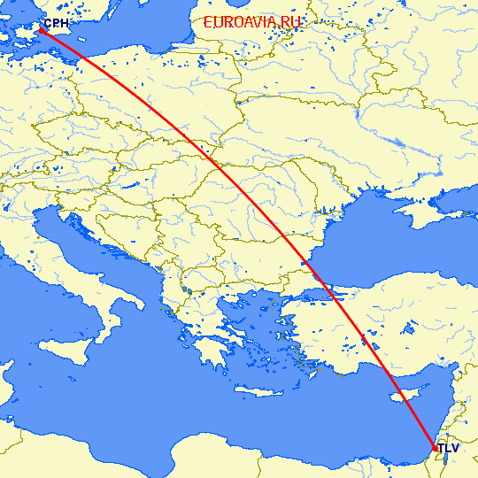 перелет Тель Авив — Копенгаген на карте