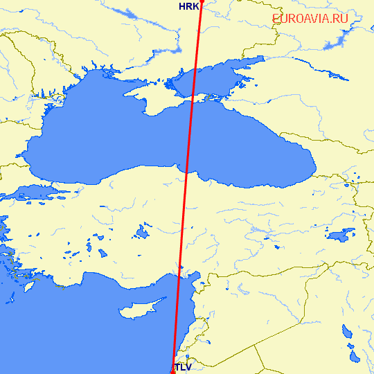перелет Тель Авив — Харьков на карте