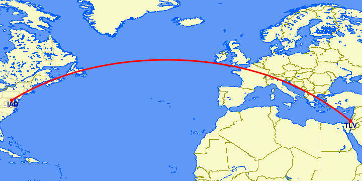 перелет Тель Авив — Вашингтон на карте