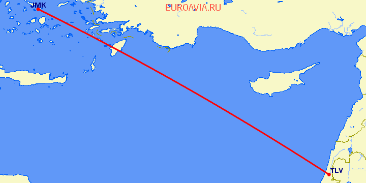 перелет Тель Авив — Миконос на карте