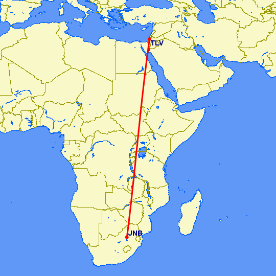 перелет Тель Авив — Йоханнесбург на карте