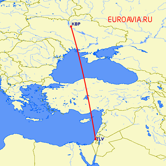 перелет Тель Авив — Киев на карте