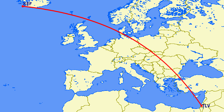 перелет Тель Авив — Рейкьявик на карте