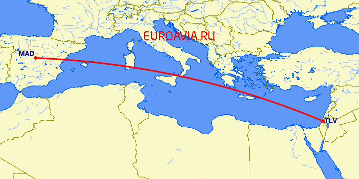 перелет Тель Авив — Мадрид на карте