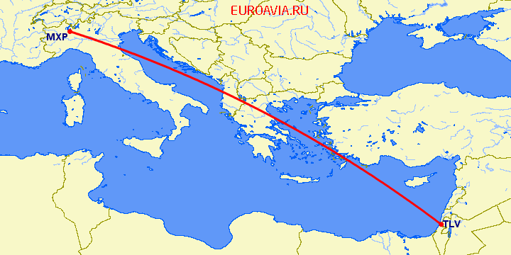 перелет Тель Авив — Милан на карте