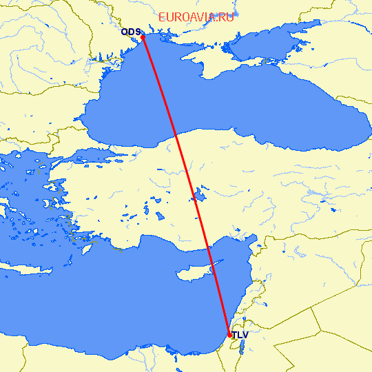 перелет Тель Авив — Одесса на карте