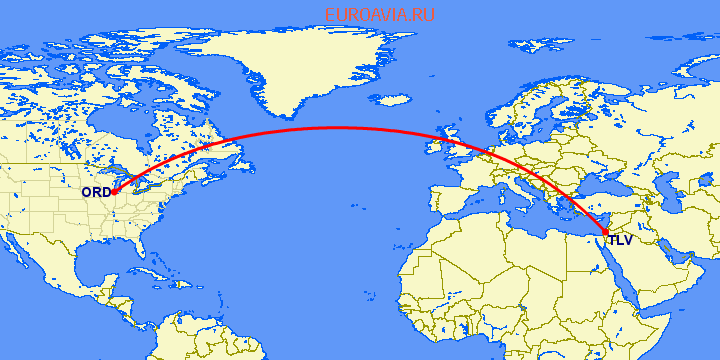 перелет Тель Авив — Чикаго на карте
