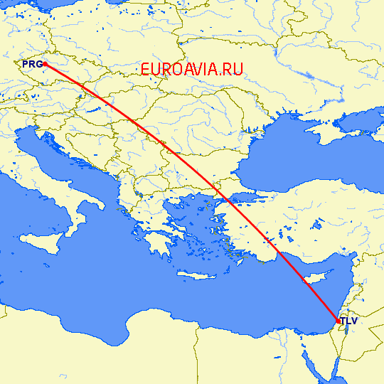 перелет Тель Авив — Прага на карте