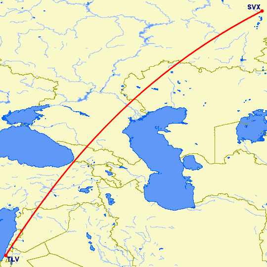 перелет Тель Авив — Екатеринбург на карте