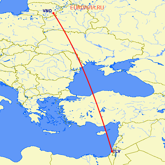 перелет Тель Авив — Вильнюс на карте