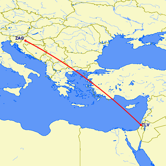 перелет Тель Авив — Загреб на карте