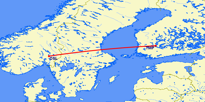 перелет Тампере — Осло на карте