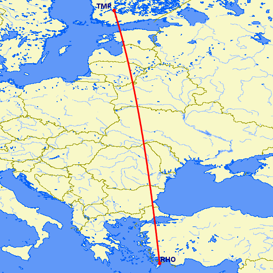 перелет Тампере — Родос на карте