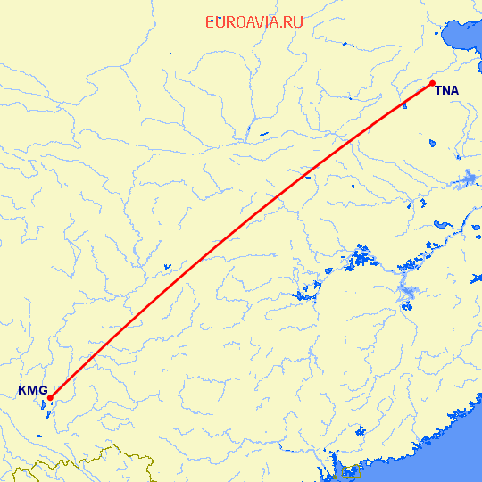 перелет Цзинань — Кунминг на карте