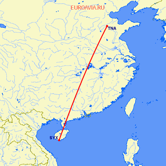 перелет Цзинань — Санья на карте