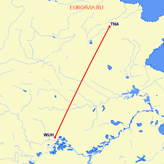 перелет Цзинань — Вухан на карте