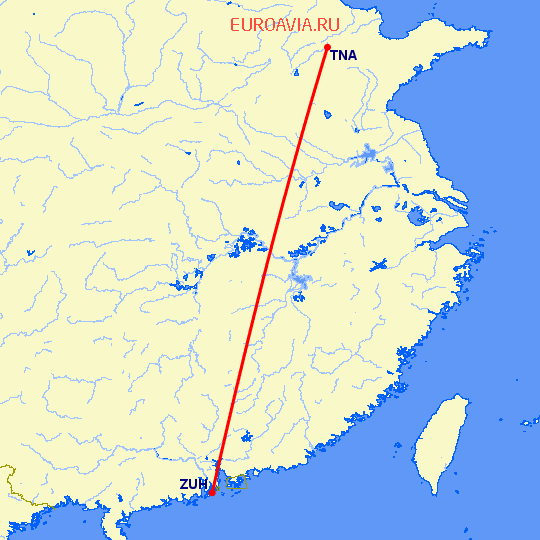перелет Цзинань — Чжухай на карте