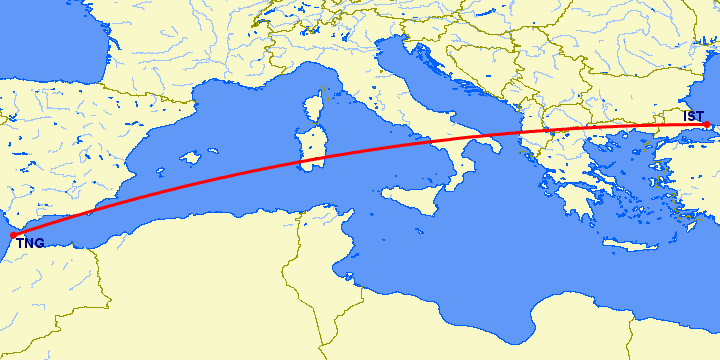 перелет Танжер — Стамбул на карте