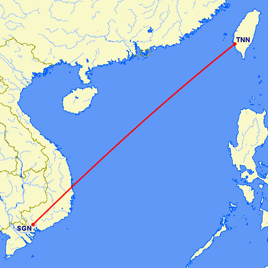 перелет Тайнань — Хошимин на карте