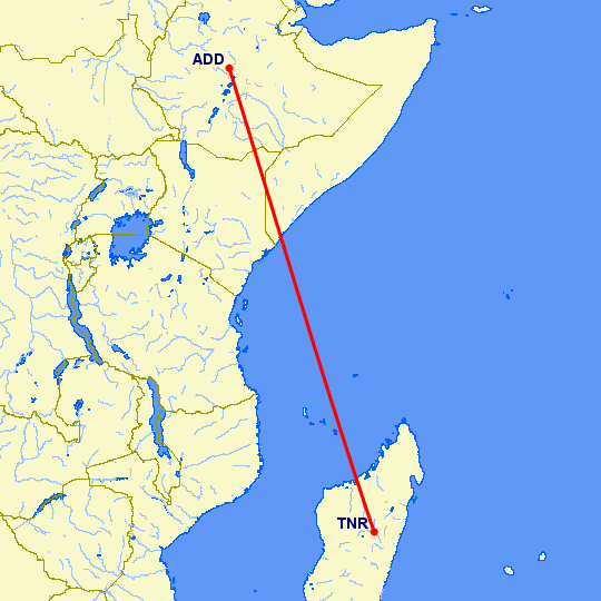 перелет Антананариву — Аддис Абеба на карте