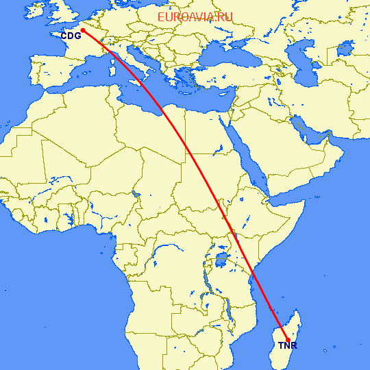 перелет Антананариву — Париж на карте