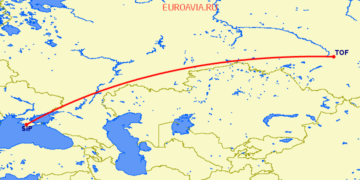 перелет Томск — Симферополь на карте