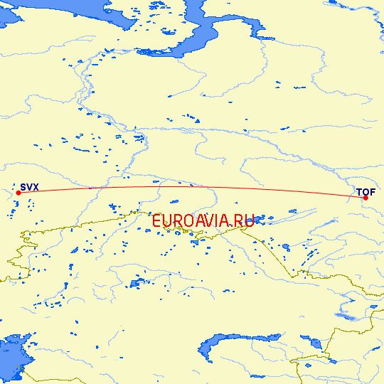 перелет Томск — Екатеринбург на карте