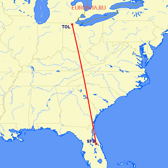 перелет Toledo — Sanford на карте