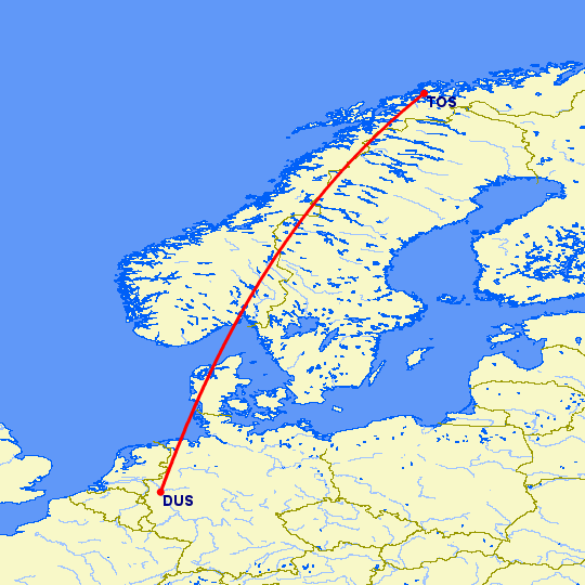 перелет Тромсо — Дюссельдорф на карте