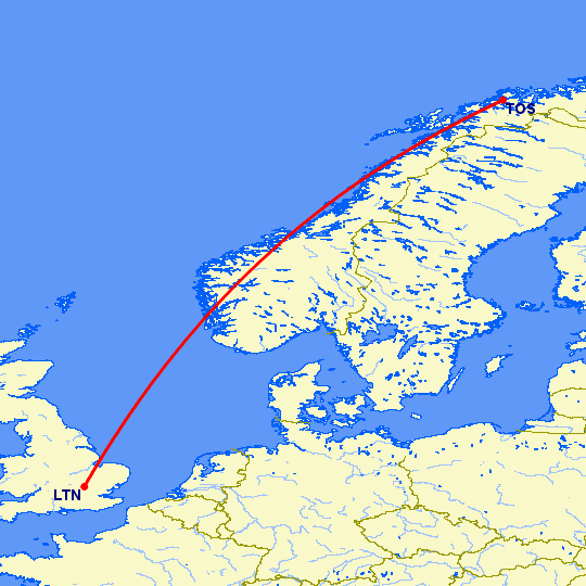 перелет Тромсо — Luton на карте