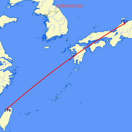 перелет Тояма — Тайбэй на карте